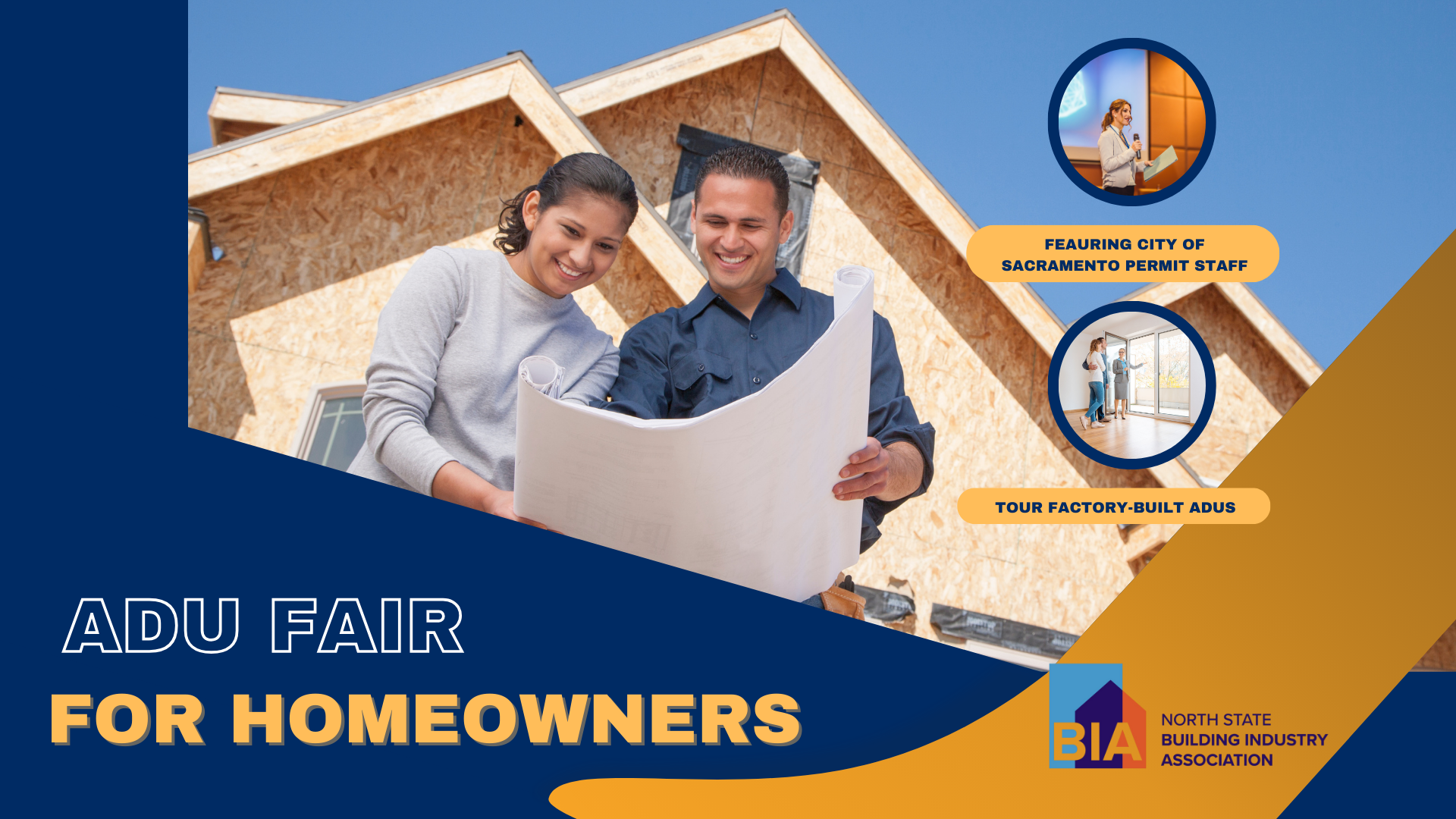 ADU Fair for Homeowners flyer showing a couple with building plans, event highlights, and the Building Industry Association logo